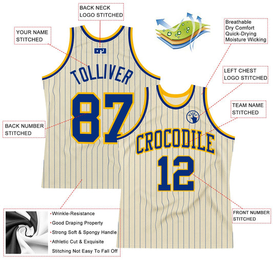 Custom Cream Royal Pinstripe Royal-Gold Authentic Basketball Jersey - Sky-Custom