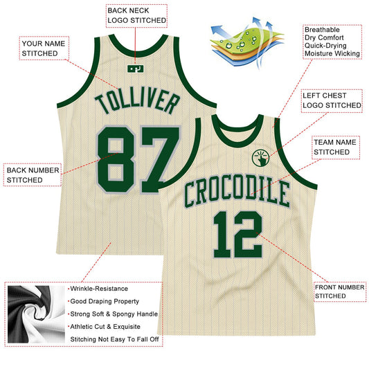 Custom Cream Gray Pinstripe Green Authentic Basketball Jersey - Sky-Custom