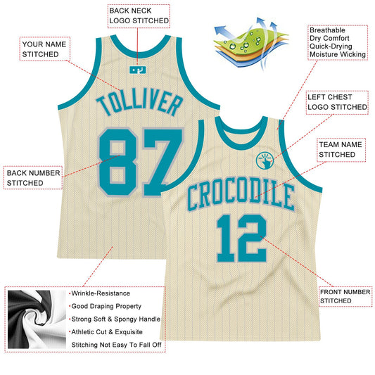 Custom Cream Gray Pinstripe Teal Authentic Basketball Jersey - Sky-Custom
