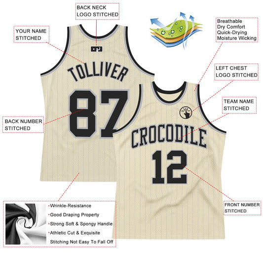 Custom Cream Gray Pinstripe Black Authentic Basketball Jersey - Sky-Custom
