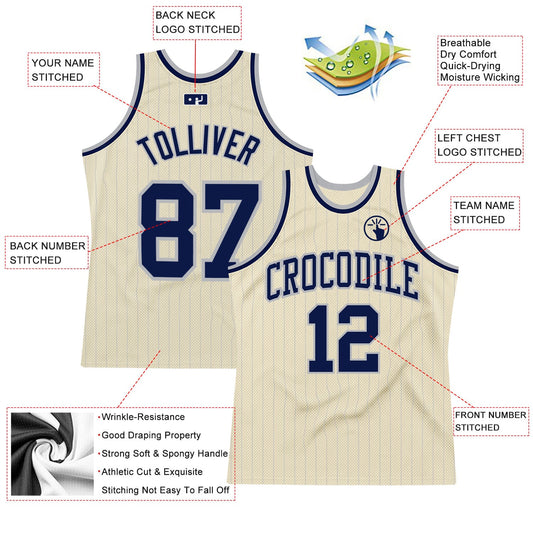 Custom Cream Gray Pinstripe Navy Authentic Basketball Jersey - Sky-Custom
