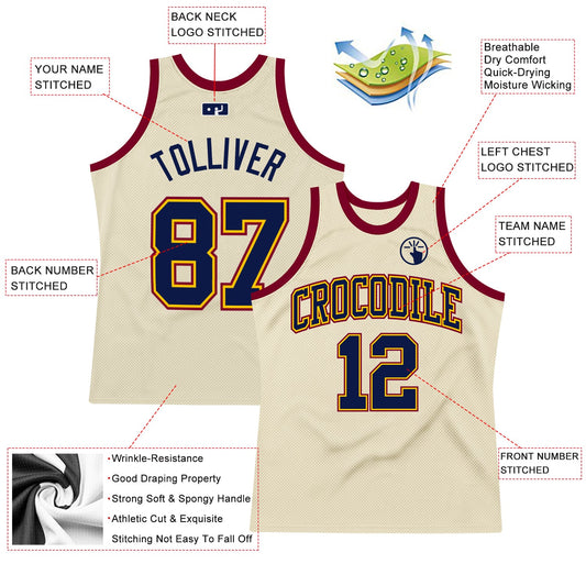 Custom Cream Navy Yellow-Maroon Authentic Throwback Basketball Jersey - Sky-Custom