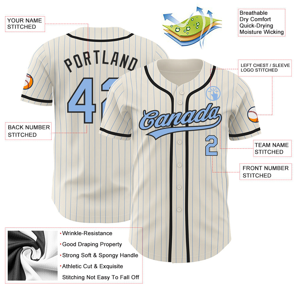 Custom Cream Light Blue Pinstripe Black Authentic Baseball Jersey - Sky-Custom