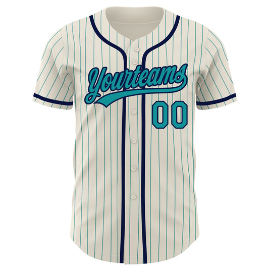 Custom Cream Teal Pinstripe Navy Authentic Baseball Jersey - Sky-Custom