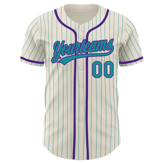 Custom Cream Teal Pinstripe Purple Authentic Baseball Jersey - Sky-Custom