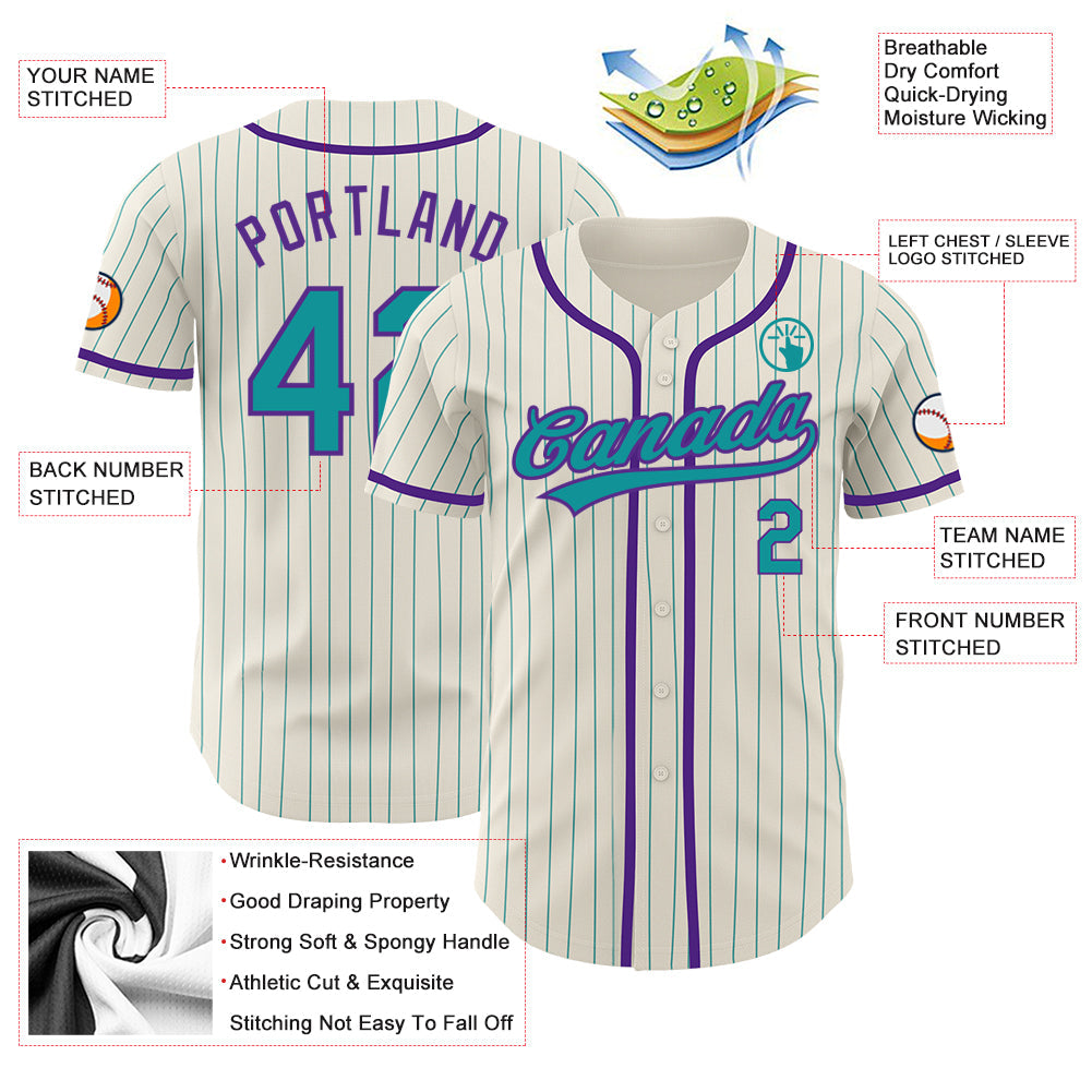 Custom Cream Teal Pinstripe Purple Authentic Baseball Jersey - Sky-Custom