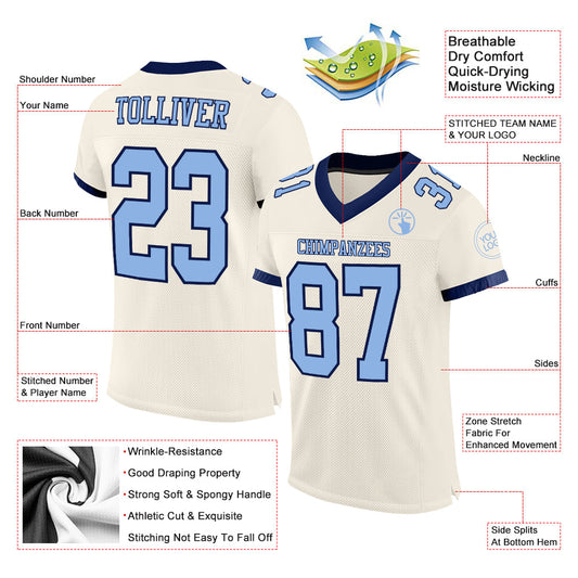Custom Cream Light Blue-Navy Mesh Authentic Football Jersey - Sky-Custom