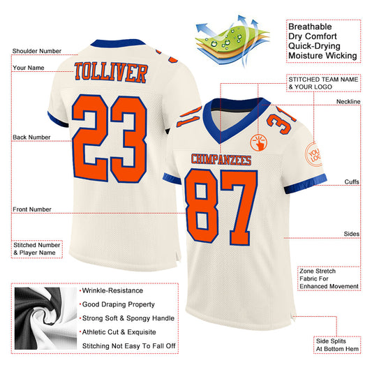 Custom Cream Orange-Royal Mesh Authentic Football Jersey - Sky-Custom
