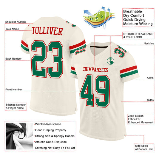 Custom Cream Kelly Green-Red Mesh Authentic Football Jersey - Sky-Custom