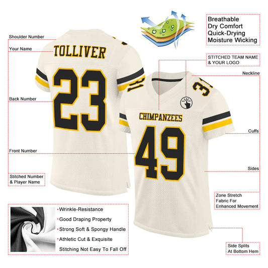 Custom Cream Black-Gold Mesh Authentic Football Jersey - Sky-Custom