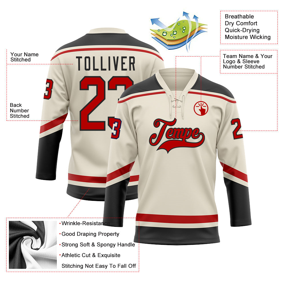 Custom Cream Red-Black Hockey Lace Neck Jersey - Sky-Custom