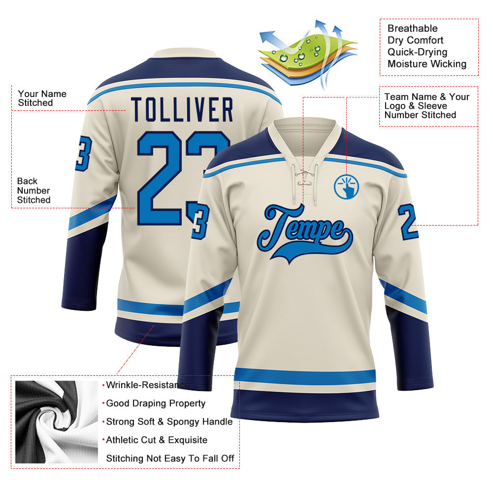 Custom Cream Blue-Navy Hockey Lace Neck Jersey - Sky-Custom