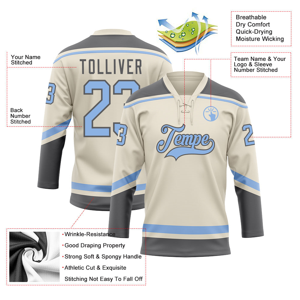 Custom Cream Light Blue-Steel Gray Hockey Lace Neck Jersey - Sky-Custom