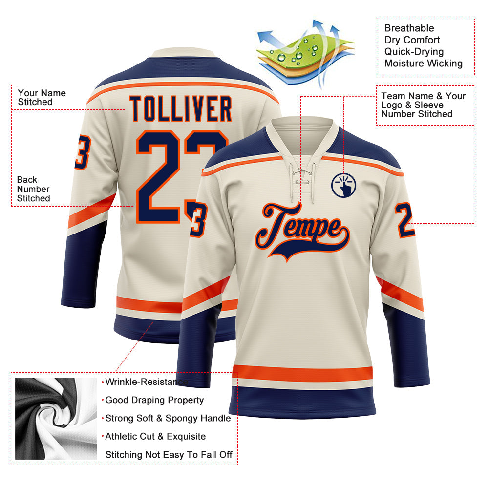 Custom Cream Navy-Orange Hockey Lace Neck Jersey - Sky-Custom