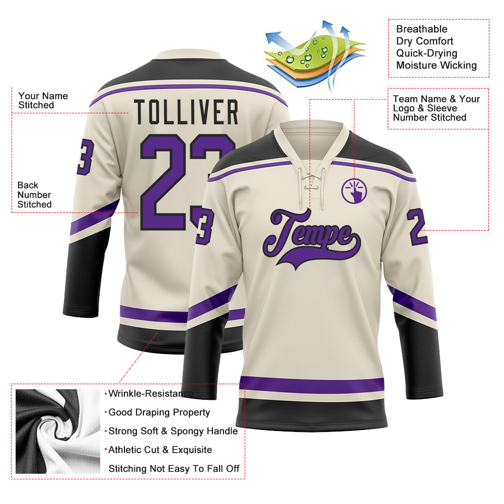 Custom Cream Purple-Black Hockey Lace Neck Jersey - Sky-Custom