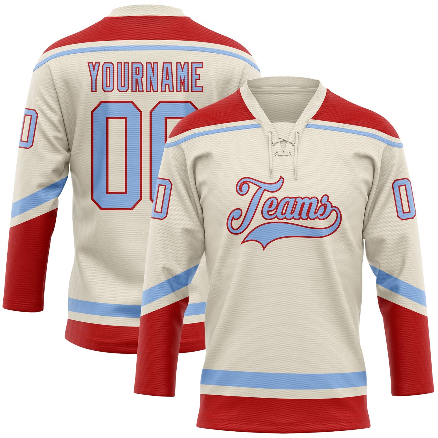 Custom Cream Light Blue-Red Hockey Lace Neck Jersey - Sky-Custom