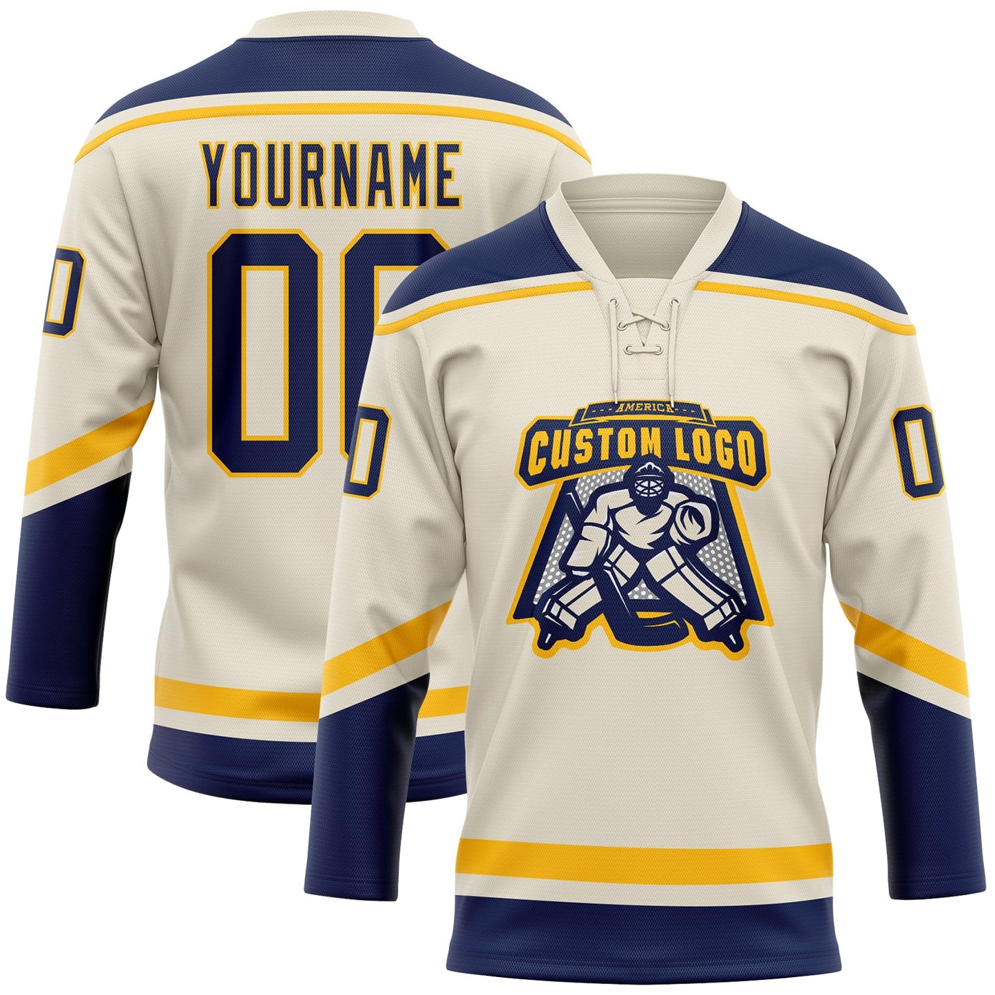 Custom Cream Navy-Gold Hockey Lace Neck Jersey - Sky-Custom