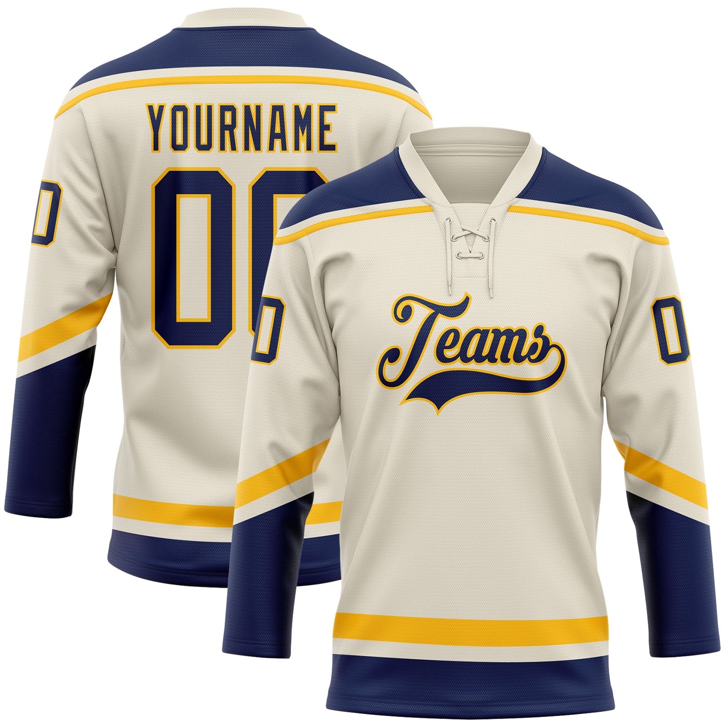 Custom Cream Navy-Gold Hockey Lace Neck Jersey - Sky-Custom