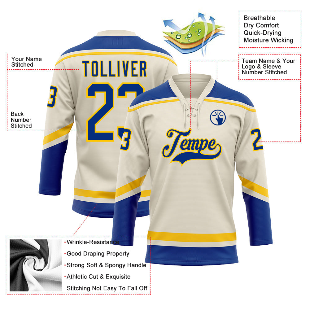 Custom Cream Royal-Yellow Hockey Lace Neck Jersey - Sky-Custom