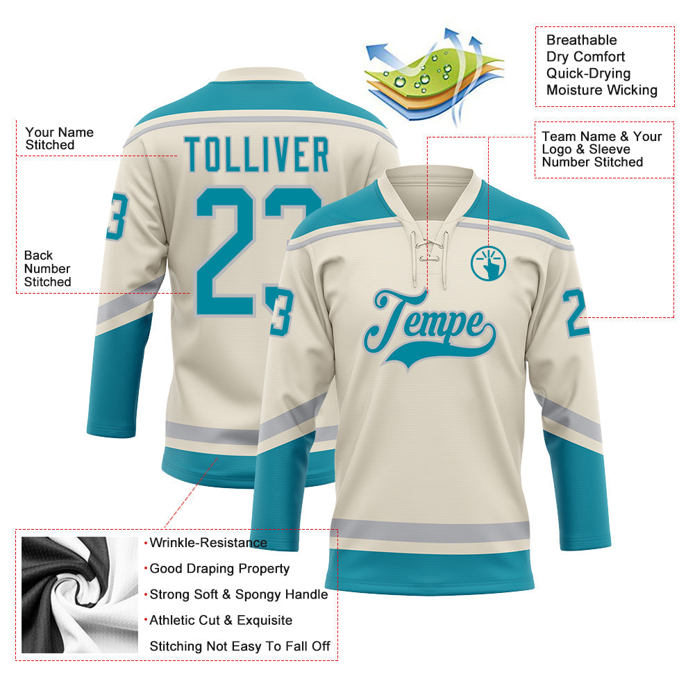 Custom Cream Teal-Gray Hockey Lace Neck Jersey - Sky-Custom