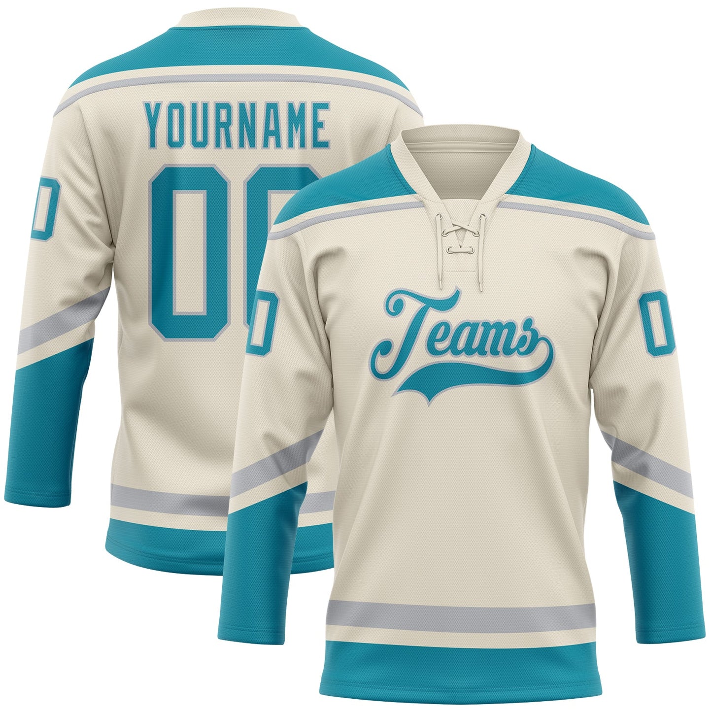 Custom Cream Teal-Gray Hockey Lace Neck Jersey - Sky-Custom