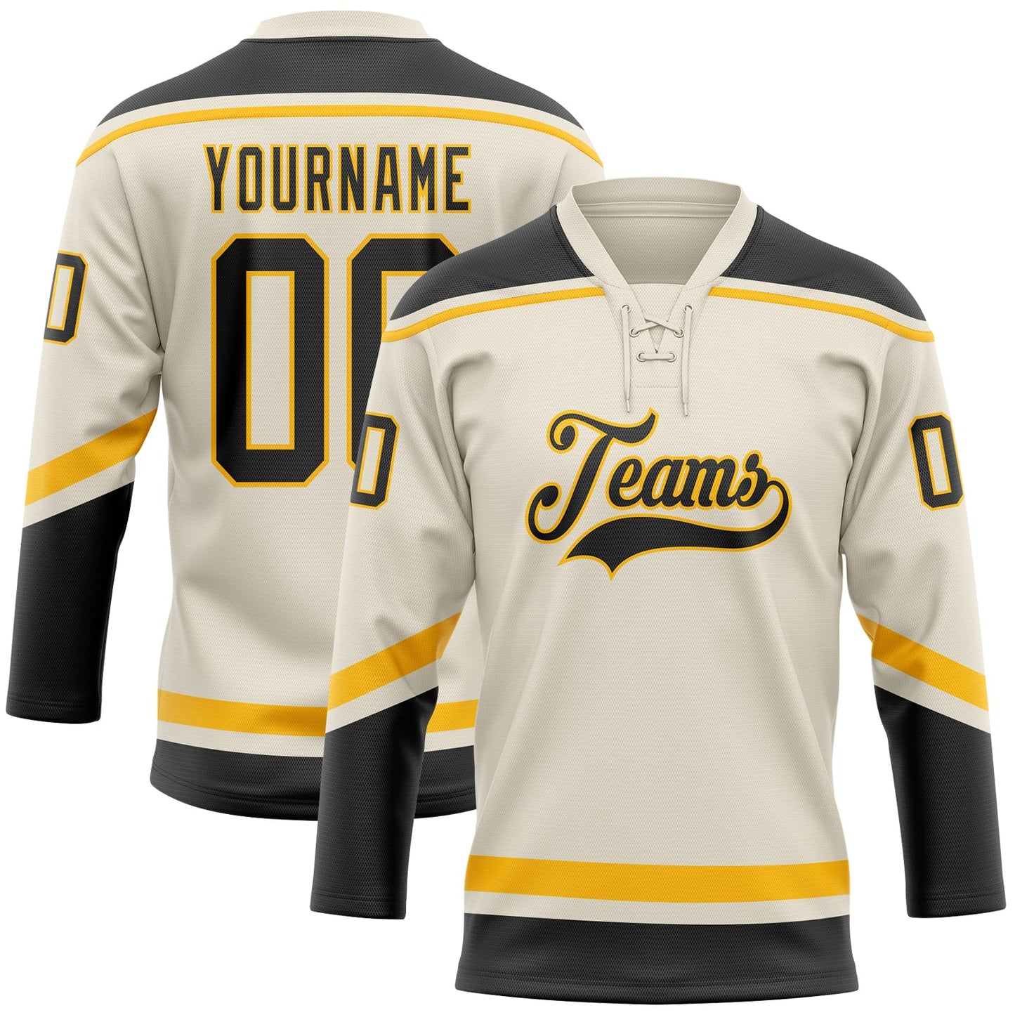 Custom Cream Black-Gold Hockey Lace Neck Jersey - Sky-Custom