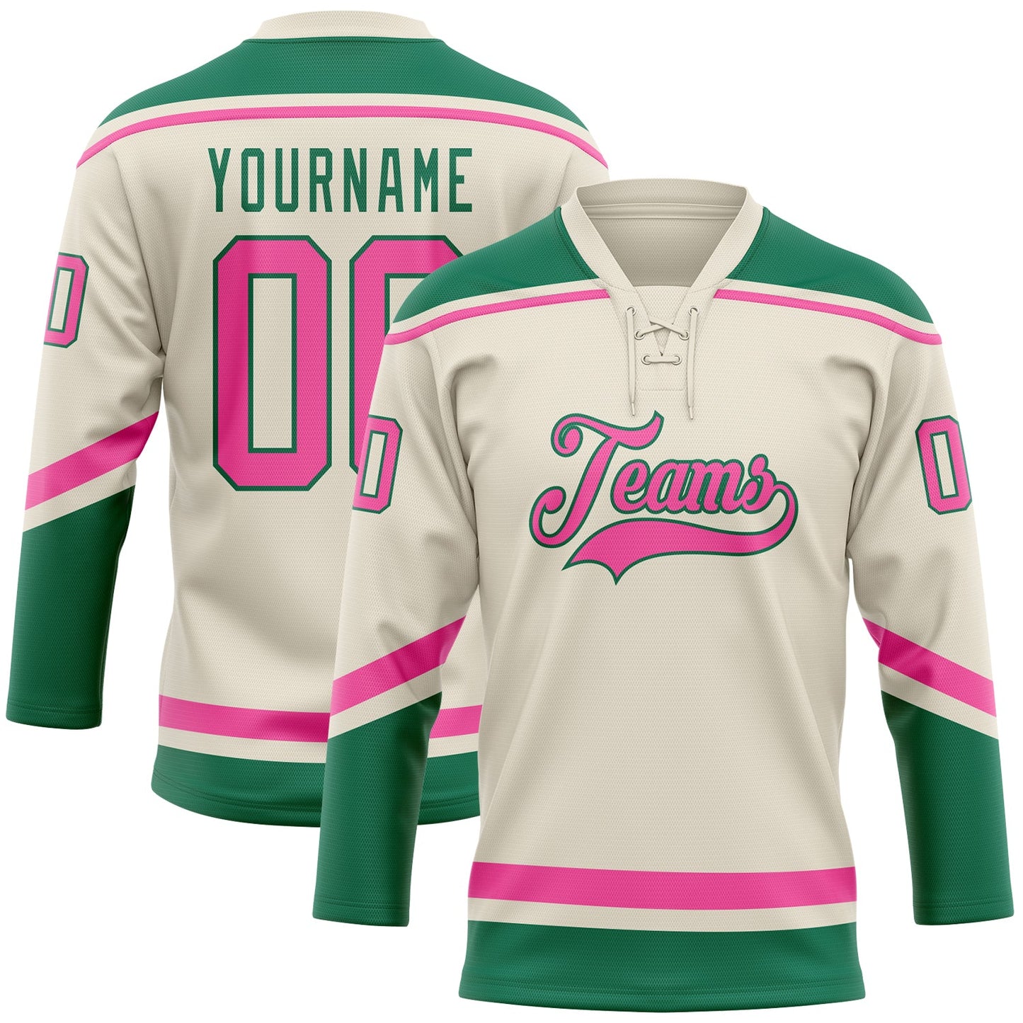 Custom Cream Pink-Kelly Green Hockey Lace Neck Jersey - Sky-Custom