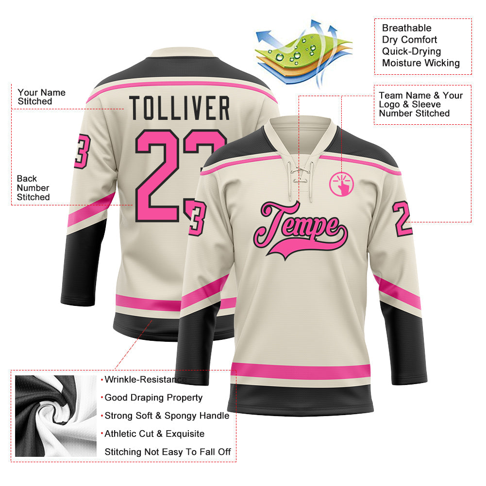 Custom Cream Pink-Black Hockey Lace Neck Jersey - Sky-Custom