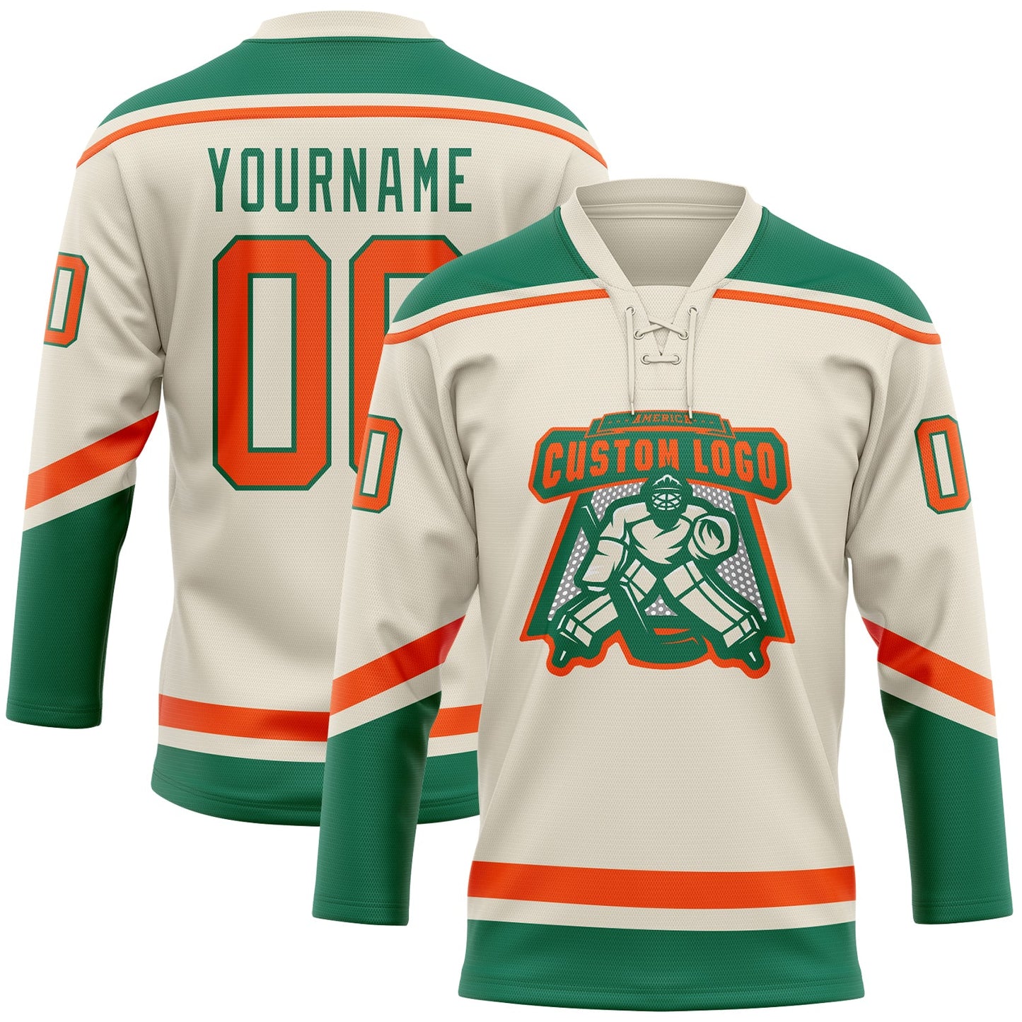 Custom Cream Orange-Kelly Green Hockey Lace Neck Jersey - Sky-Custom