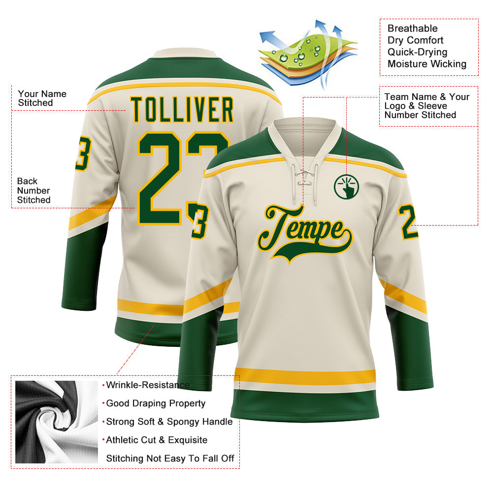 Custom Cream Green-Gold Hockey Lace Neck Jersey - Sky-Custom