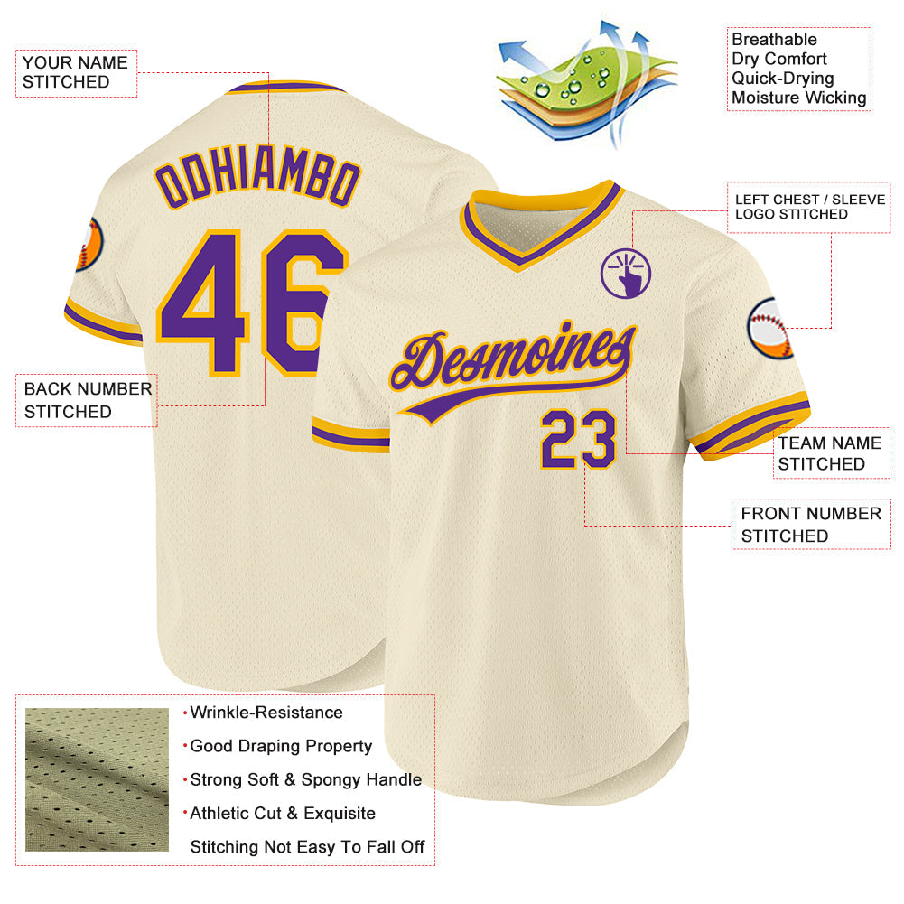 Custom Cream Purple-Gold Authentic Throwback Baseball Jersey - Sky-Custom
