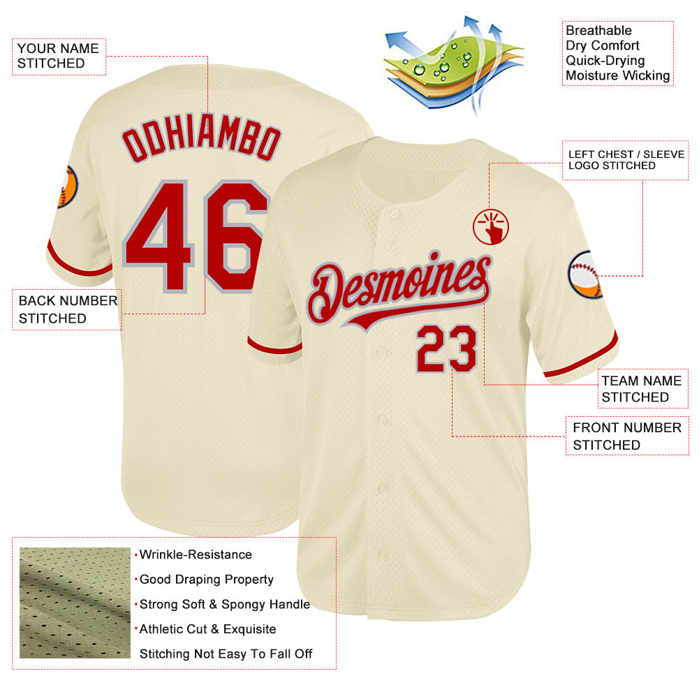 Custom Cream Red-Gray Mesh Authentic Throwback Baseball Jersey - Sky-Custom