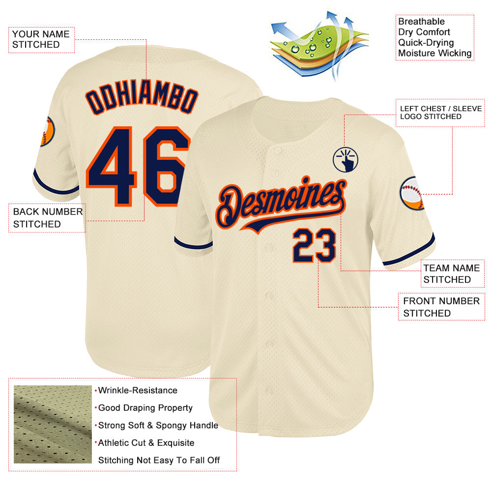 Custom Cream Navy-Orange Mesh Authentic Throwback Baseball Jersey - Sky-Custom