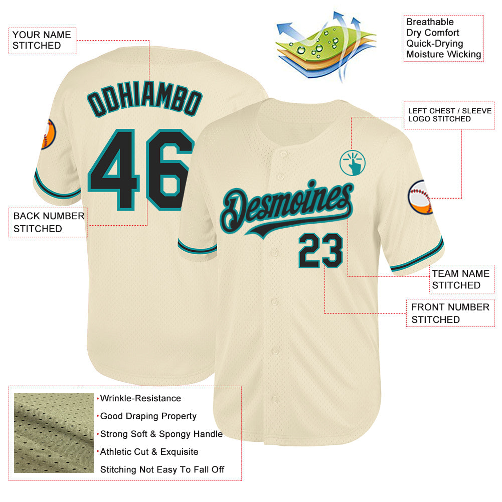 Custom Cream Black-Teal Mesh Authentic Throwback Baseball Jersey - Sky-Custom