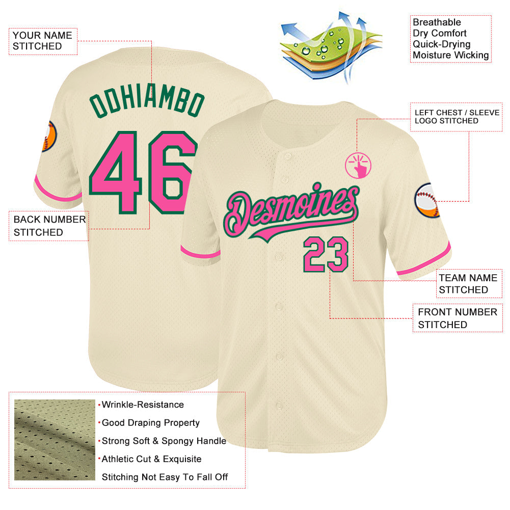 Custom Cream Pink-Kelly Green Mesh Authentic Throwback Baseball Jersey - Sky-Custom