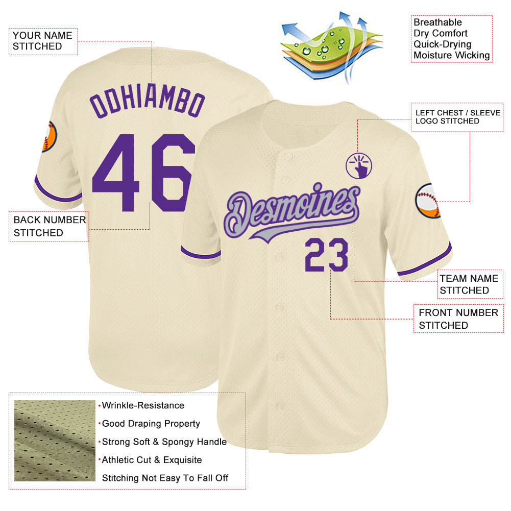 Custom Cream Purple-Gray Mesh Authentic Throwback Baseball Jersey - Sky-Custom