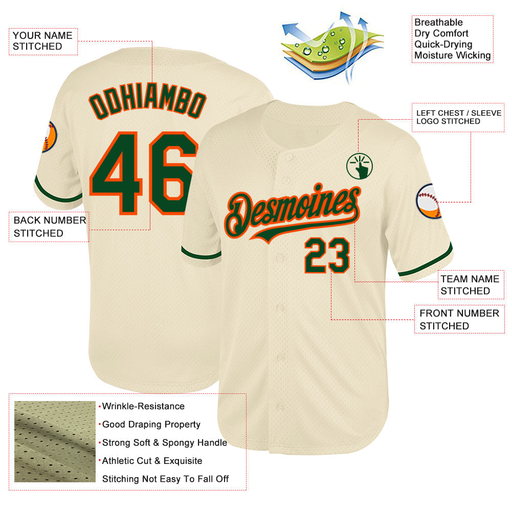 Custom Cream Green-Orange Mesh Authentic Throwback Baseball Jersey - Sky-Custom