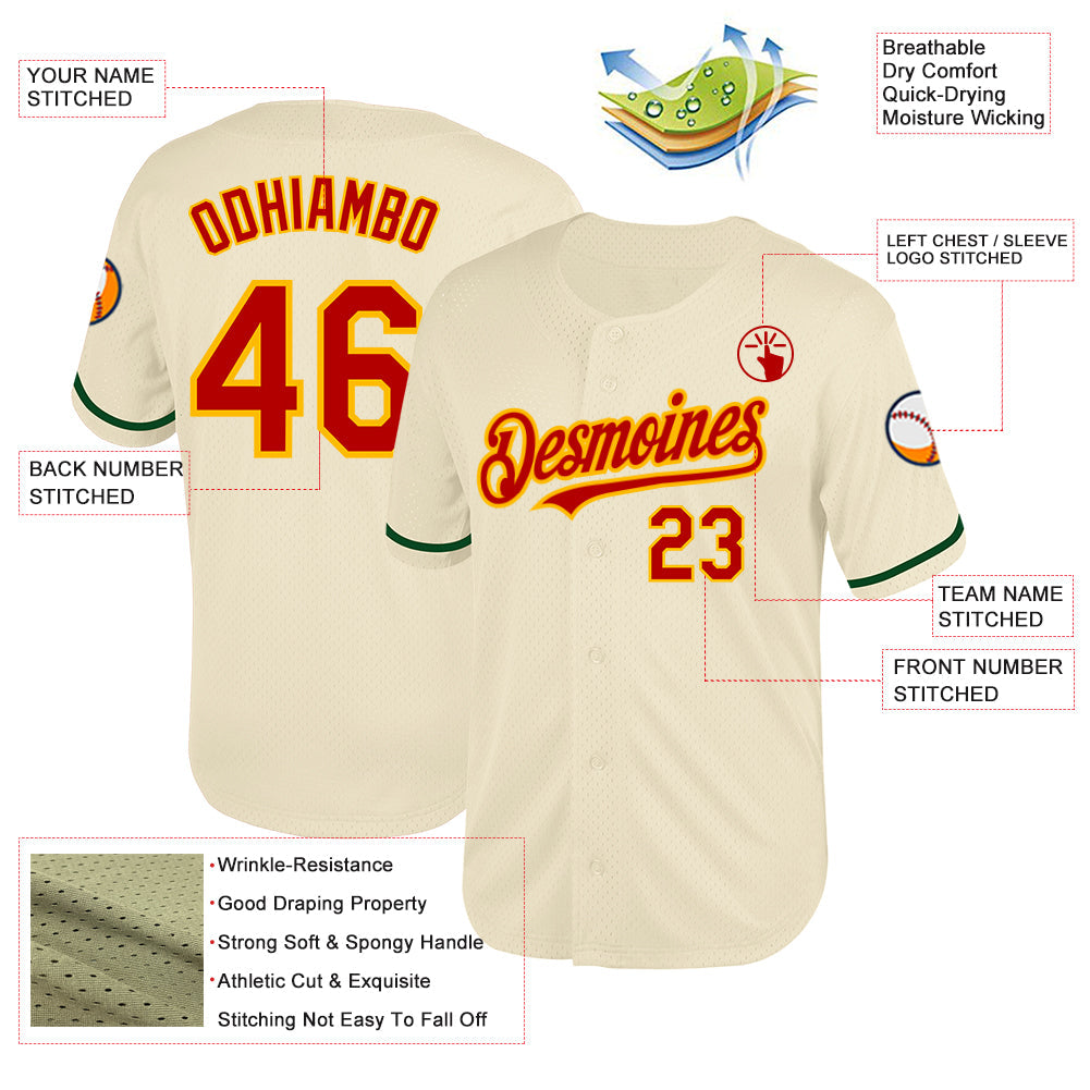 Custom Cream Red-Gold Mesh Authentic Throwback Baseball Jersey - Sky-Custom