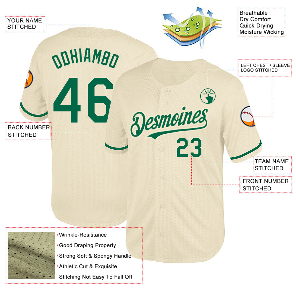 Custom Cream Kelly Green Mesh Authentic Throwback Baseball Jersey - Sky-Custom