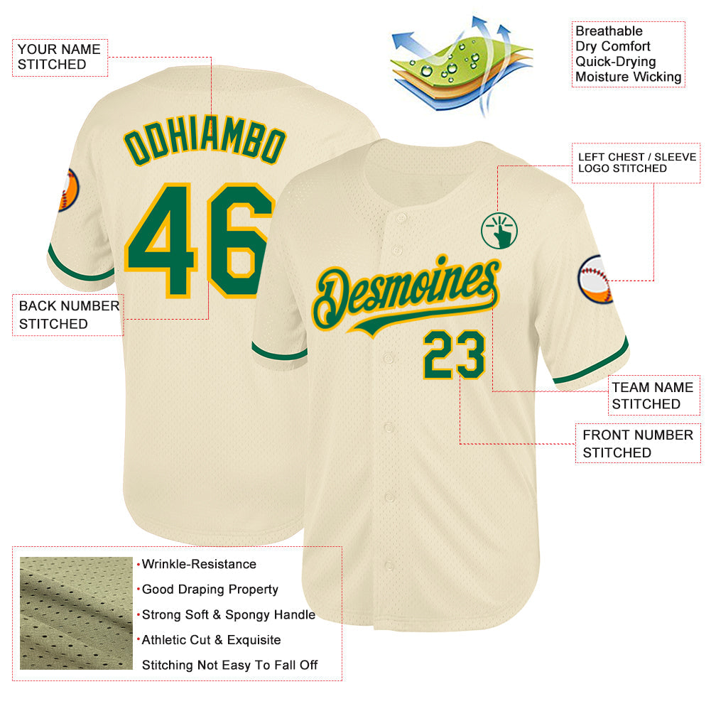 Custom Cream Kelly Green-Gold Mesh Authentic Throwback Baseball Jersey - Sky-Custom