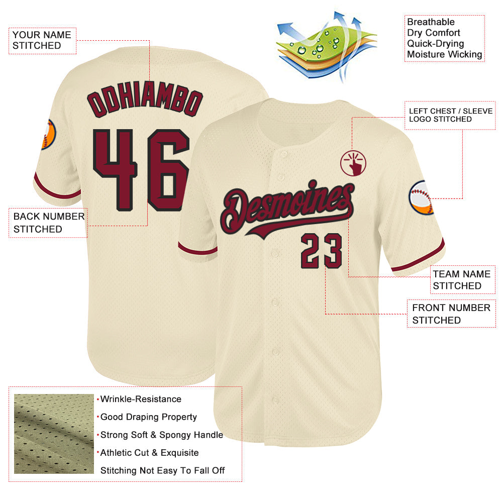 Custom Cream Crimson-Black Mesh Authentic Throwback Baseball Jersey - Sky-Custom
