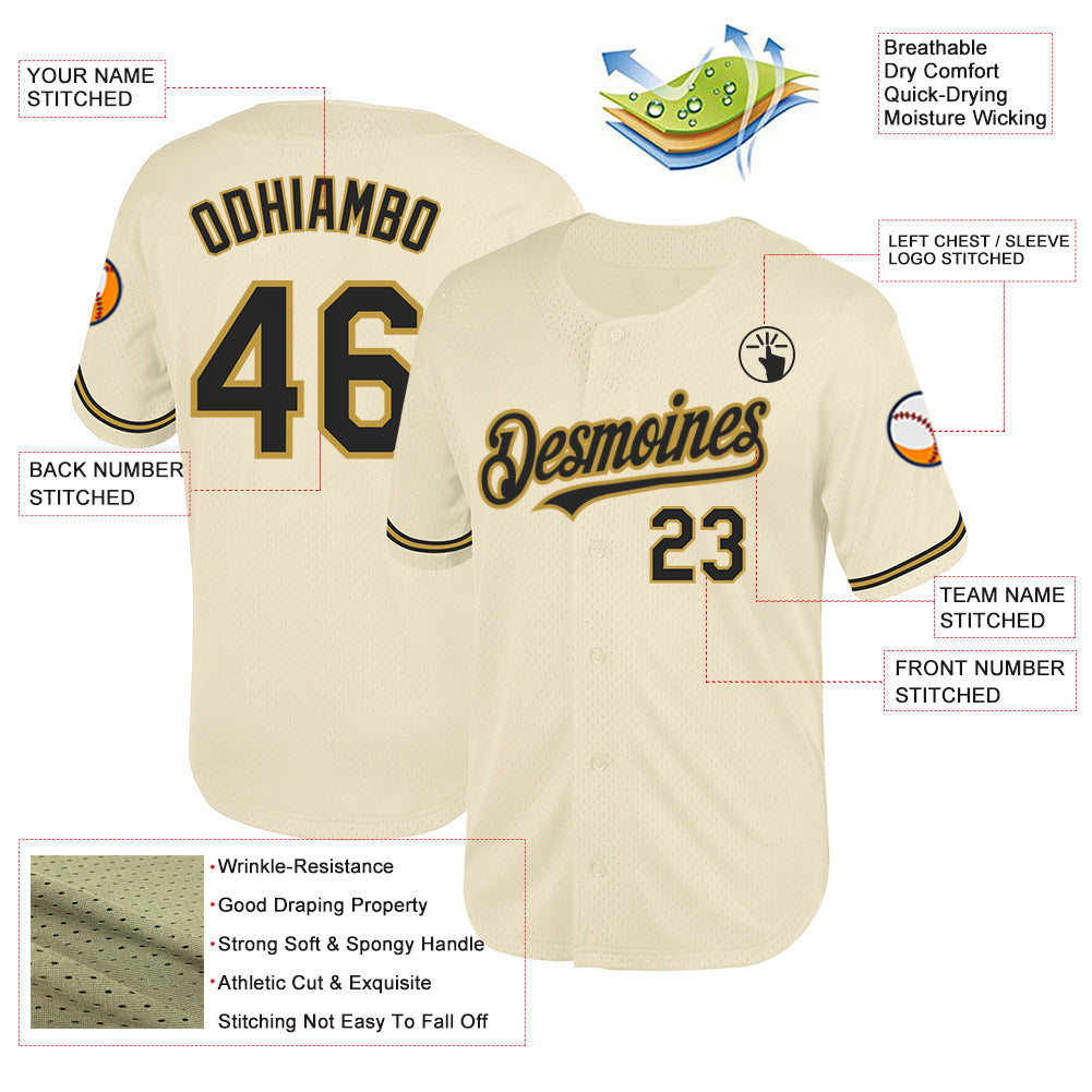 Custom Cream Black-Old Gold Mesh Authentic Throwback Baseball Jersey - Sky-Custom