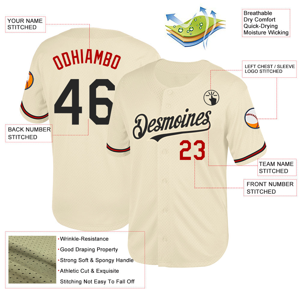 Custom Cream Black-Red Mesh Authentic Throwback Baseball Jersey - Sky-Custom