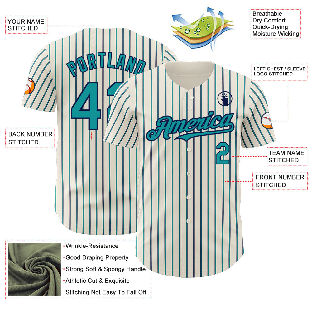 Custom Cream (Navy Teal Pinstripe) Teal-Navy Authentic Baseball Jersey - Sky-Custom