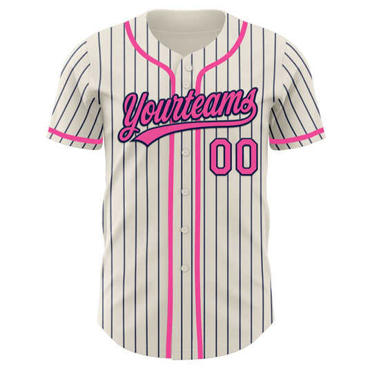 Custom Cream Navy Pinstripe Pink Authentic Baseball Jersey - Sky-Custom