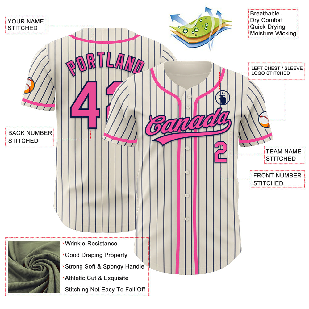 Custom Cream Navy Pinstripe Pink Authentic Baseball Jersey - Sky-Custom