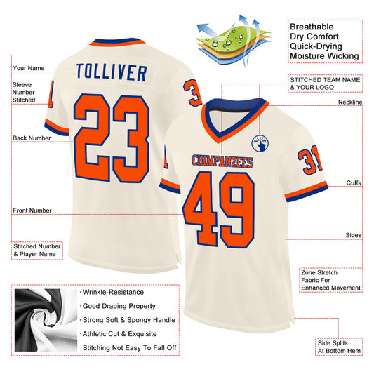 Custom Cream Orange-Royal Mesh Authentic Throwback Football Jersey - Sky-Custom