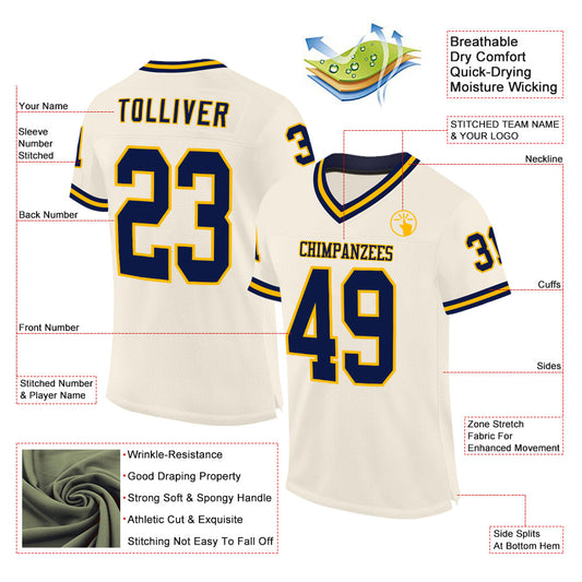 Custom Cream Navy-Gold Mesh Authentic Throwback Football Jersey - Sky-Custom