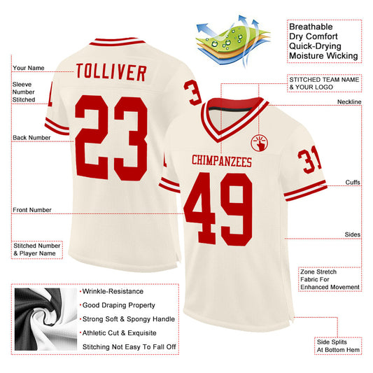 Custom Cream Red-White Mesh Authentic Throwback Football Jersey - Sky-Custom