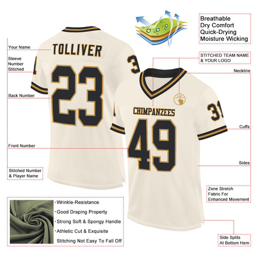 Custom Cream Black-Old Gold Mesh Authentic Throwback Football Jersey - Sky-Custom
